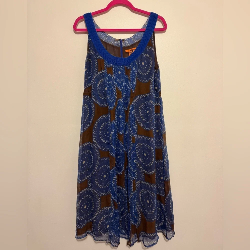 Tory Burch Silk Blue Brown Florisa Sleeveless Dress Geometric Circle Print Sz 12